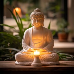 Poster - White Buddha statue with a lit candle in front of it.