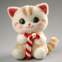 Canvas Print - White plush cat with red stripes and a candy cane.