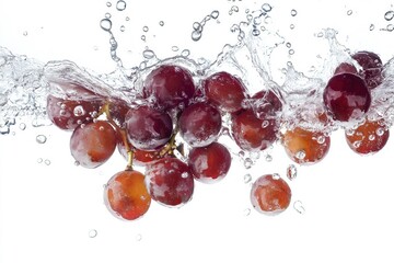 Wall Mural - Bunch of red grapes falling into water splashing on white background