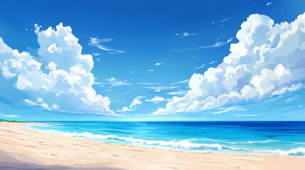 Beautiful beach on blue sea background with blue sky and white clouds,banner, summer vocation, holiday. Summer Beach. Illustration