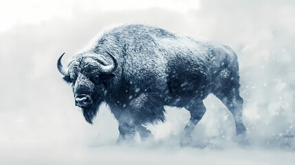 Poster - Ai generated illustration of a massive buffalo galloping in a snowy blizzard. Snowstorm. Illustration