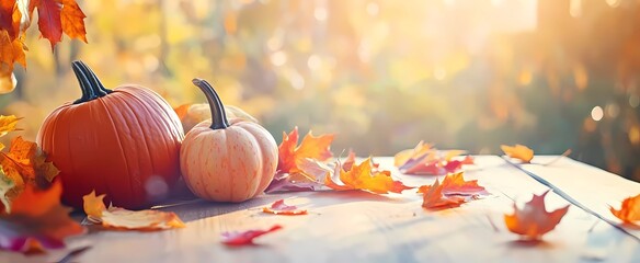 Autumn background with colored leaves and pumpkins on the table in sunlight, a banner for fall season celebration or advertising of harvest time