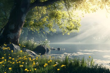 Wall Mural - Tranquil Lake Scene with Misty Morning Sunlight