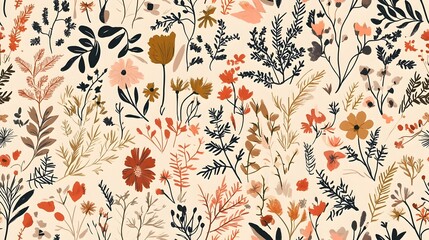 Sticker - Vibrant Botanical Floral Pattern with Vintage Autumn Leaves and Blooming Flowers