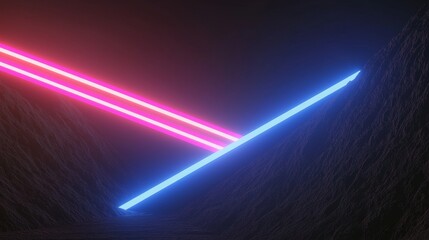 Poster - A flight in a futuristic corridor with triangles in the background, fluorescent ultraviolet light, laser neon lines, hexagonal endless tunnel, blue pink spectrum, 3D illustration