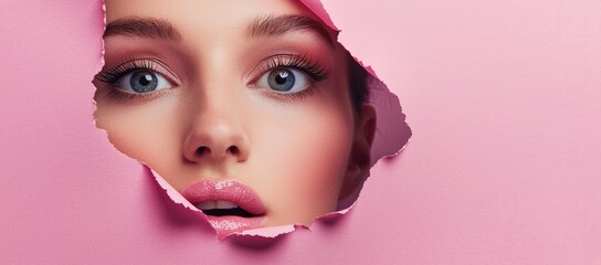 Advertisement banner for a beauty salon. The girl is looking through a hole in pink paper background. Makeup artist, fashion, beauty concept. Cosmetics sale.