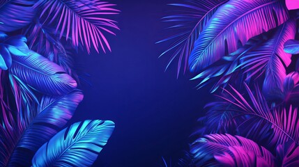 Wall Mural - Neon blue and purple tropical design with palm leaves and 3D letters. Summer night scene illustration.