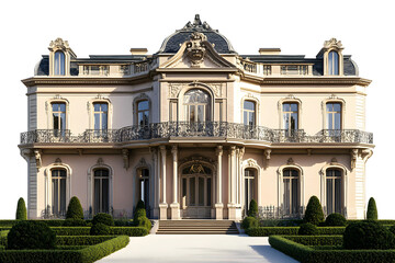 Elegant mansion exterior with ornate details in bright sunlight isolated on transparent background