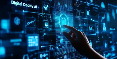 Fototapete - With businesswoman hand touching connected gear cogs with KPI financial charts and graphs, marketing dashboards are being used to analyze business data.