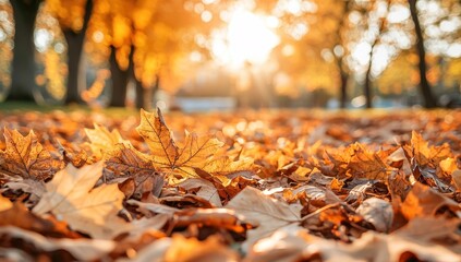 Canvas Print - Maple leaves with bokeh effect on the ground