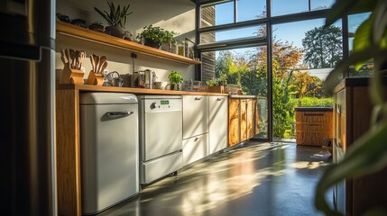 Modern kitchen with wooden countertops and a large window overlooking a garden.