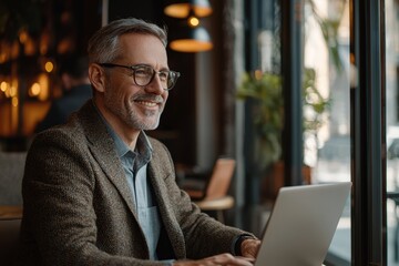 Aufkleber - Businessman looking at laptop computer in happy mood