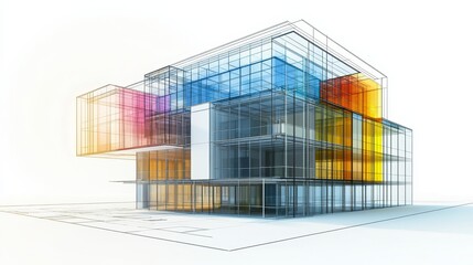 Fototapete - Creating a wireframe for a building. Sketching the design. Visualizing the project in digital form