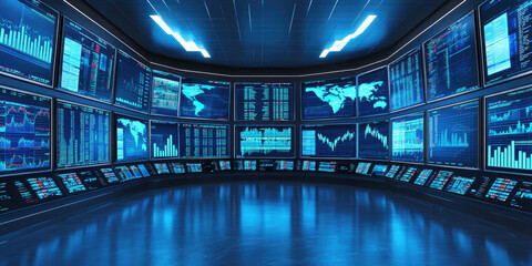 Poster - Multiple screens are displaying data and charts in a modern monitoring room. The image evokes concepts like big data, cybersecurity and business intelligence
