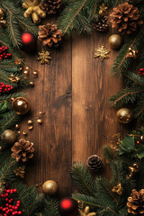 Wall Mural - Christmas fir tree branches with red and gold bauble, pine cones forming a border on a rustic wooden board. Christmas and New Year! Flat lay, top view. Copy space. Mock up