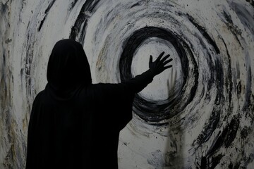 The mysterious figure is depicted in black and white with outstretched hands in an artistic expression painting