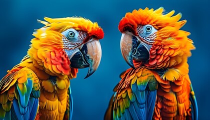 Vibrant macaws showcasing tropical wildlife against a serene blue backdrop