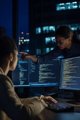 Poster - Young Asian businesswoman points at computer screen with decoded data while discussing it with African male colleague