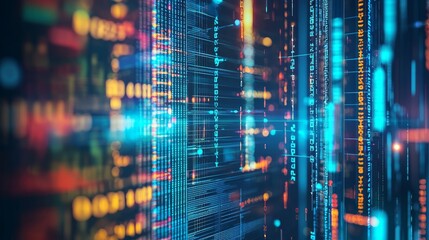 Fototapete - Data flow by using big data binary code. Blockchain concept depicting a cryptocurrency blockchain - interconnected blocks. 3D rendering.