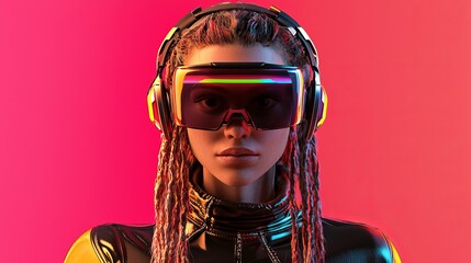 Poster - CG rendering of young cyber girl with long black hair wearing yellow virtual reality glasses with green and blue wires. Cyberspace Augmented Reality.