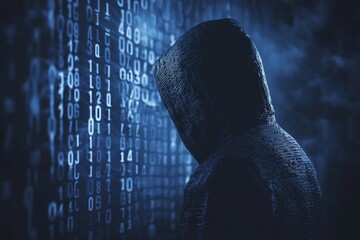 Aufkleber - A cyber criminal in a hood with dark space in place of a face and a matrix instead of a face, isolated on a blue digital background. A security system is under attack by a hacker.