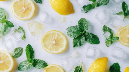 A flat lay of fresh mint leaves, lemon slices, and ice cubes, ready for making a refreshing drink.