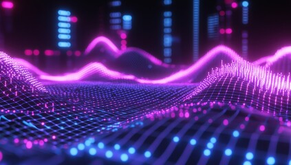 Poster - Connected dots with a 3D wave landscape. Data science, particles, digital world, virtual reality, cyberspace, metaverse concept.