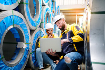 Male engineer working at metal sheet factory, industrial concept.