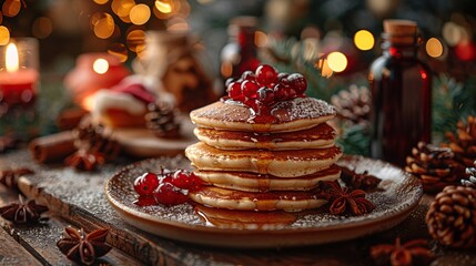 Wall Mural - A table set for Christmas breakfast, complete with pancakes, syrup, and festive decorations. Start the day with a special holiday meal