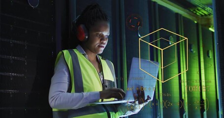 Poster - Animation of scientific data processing over african american female it technician by servers