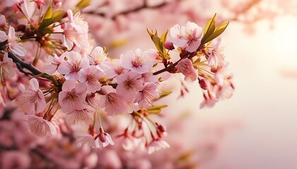 Wall Mural - Blooming cherry blossoms are intertwined with soft background colors, showing the warmth and vitality of spring.