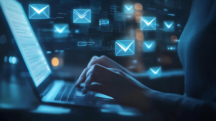 Close up of female hands typing on laptop keyboard with glowing email icons