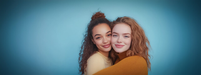 Two young women embrace warmly in front of a bright blue background. Their bond reflects happiness, closeness, and the strength of their friendship.