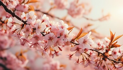 Wall Mural - Blooming cherry blossoms are intertwined with soft background colors, showing the warmth and vitality of spring.