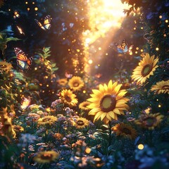 Aufkleber - A vibrant 4K background featuring a field of blooming sunflowers under a bright blue sky, showcasing nature's beauty in stunning detail