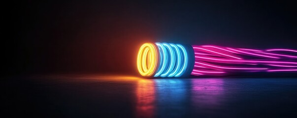 Vibrant neon light tube with colorful glowing effects in a dark background, creating an energetic and modern atmosphere.