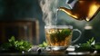 © Napasnan - A teapot pouring fresh mint tea into a clear glass, with steam rising from the hot liquid.
