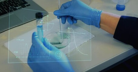 Wall Mural - Animation of scientific data processing over caucasian female scientist in laboratory