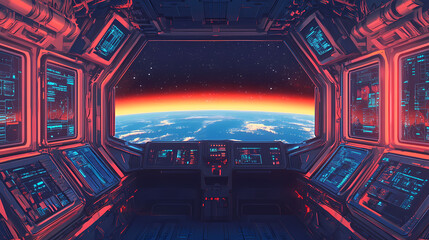 Poster - Bright spaceship interior with a view out a dark window. generative ai. Spaceship. Illustration