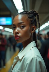 Wall Mural - Close-up portrait of a determined young woman in a bustling underground metro station