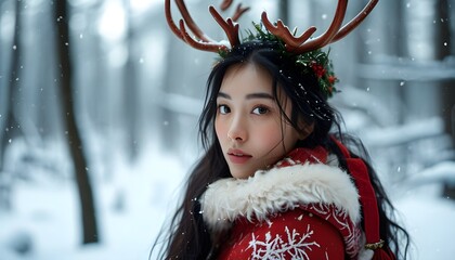 Winter wonderland portrait of an Asian woman sporting reindeer antlers in a snowy forest, celebrating the enchanting spirit of the holiday season