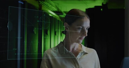 Poster - animation of scientific data processing over caucasian female it technician by computer servers
