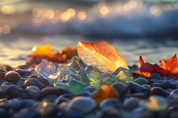 Wall Mural - Sea Glass and Autumn Leaves on a Pebble Beach