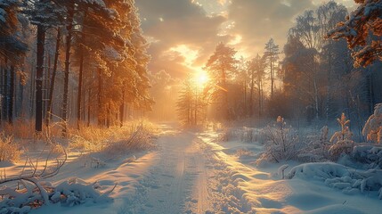 High-resolution realistic photography: Winter in a Russian forest, sunlight reflecting off the snow and creating a serene winter wonderland