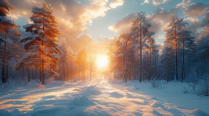 High-resolution realistic photography: Winter in a Russian forest, sunlight reflecting off the snow and creating a serene winter wonderland