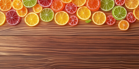 Wall Mural - Fruit slice candies arranged to form a fan pattern on a wooden surface, food illustration