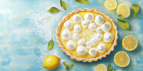 Wall Mural - Lemon tart with meringue topping and dusting of powdered sugar, food illustration