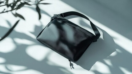 Wall Mural - Black Leather Sling Bag with a Zip Closure