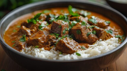 Wall Mural - A spicy lamb curry with basmati rice, Indian cuisine