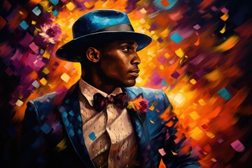 Dapper gentleman in a blue suit and hat against abstract background illustration. Fictional Characters Created By Generative AI. Fictional Characters Created By Generative AI.